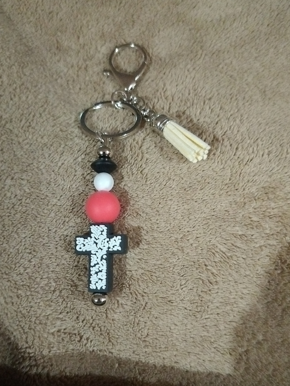 Beaded Cross Tassel Keychain - Black, White & Coral